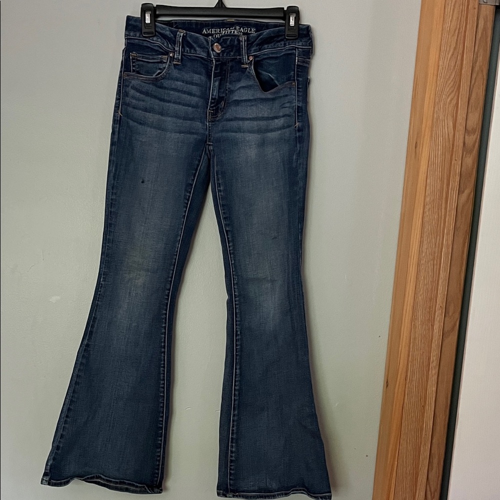 American Eagle Outfitters Dark Boho Artist Blue Flare Jeans 6 Short